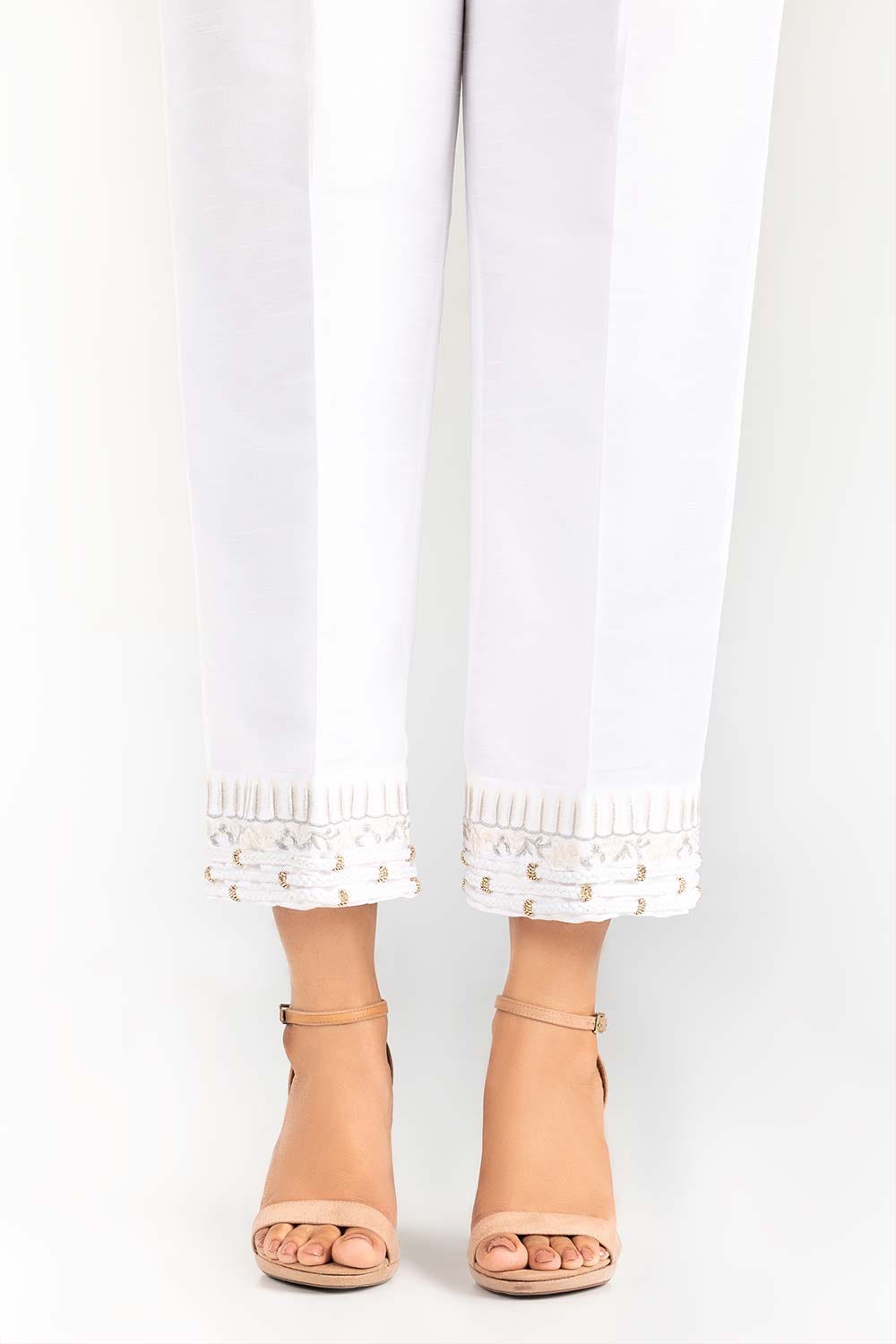 White Embroidered Raw Silk Trousers