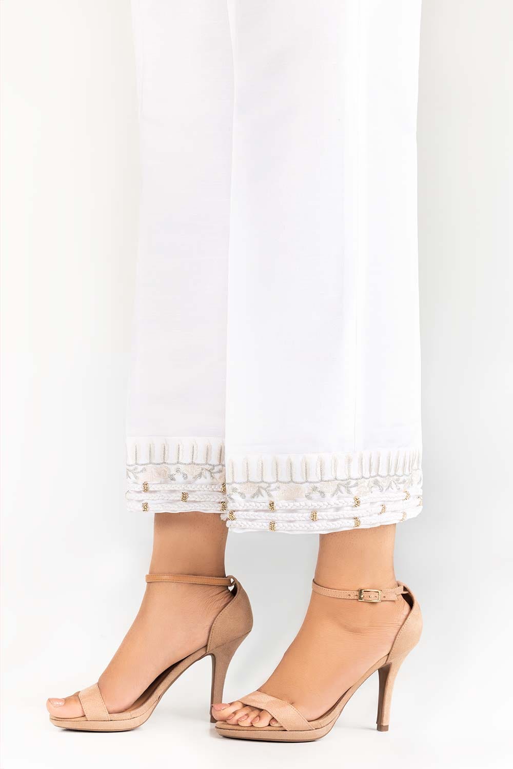 White Embroidered Raw Silk Trousers
