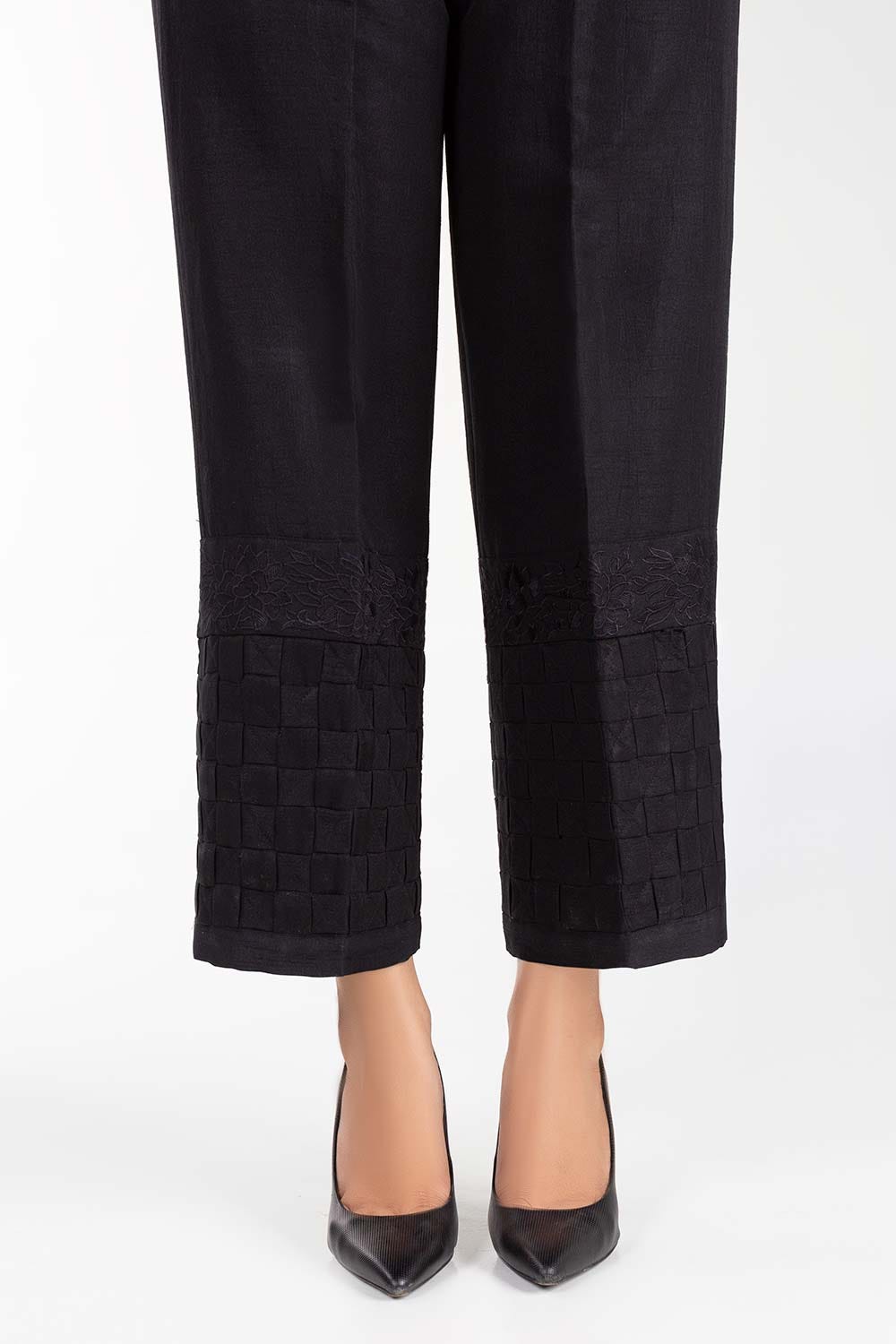 Black Embroidered Raw Silk Trousers