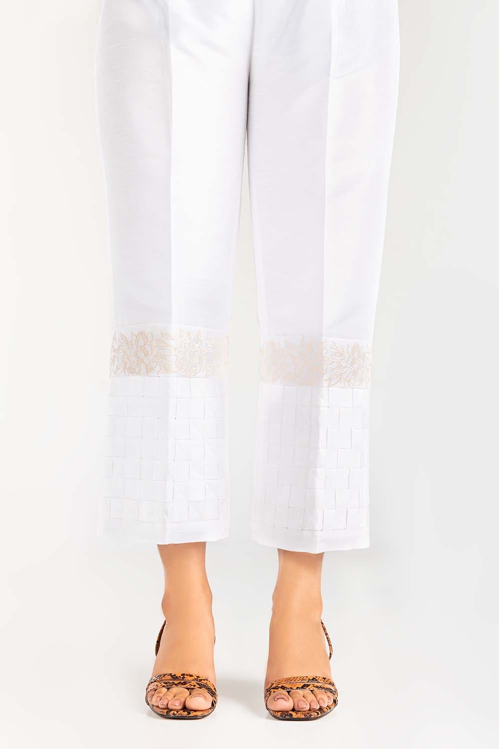 White Embroidered Raw Silk Trousers