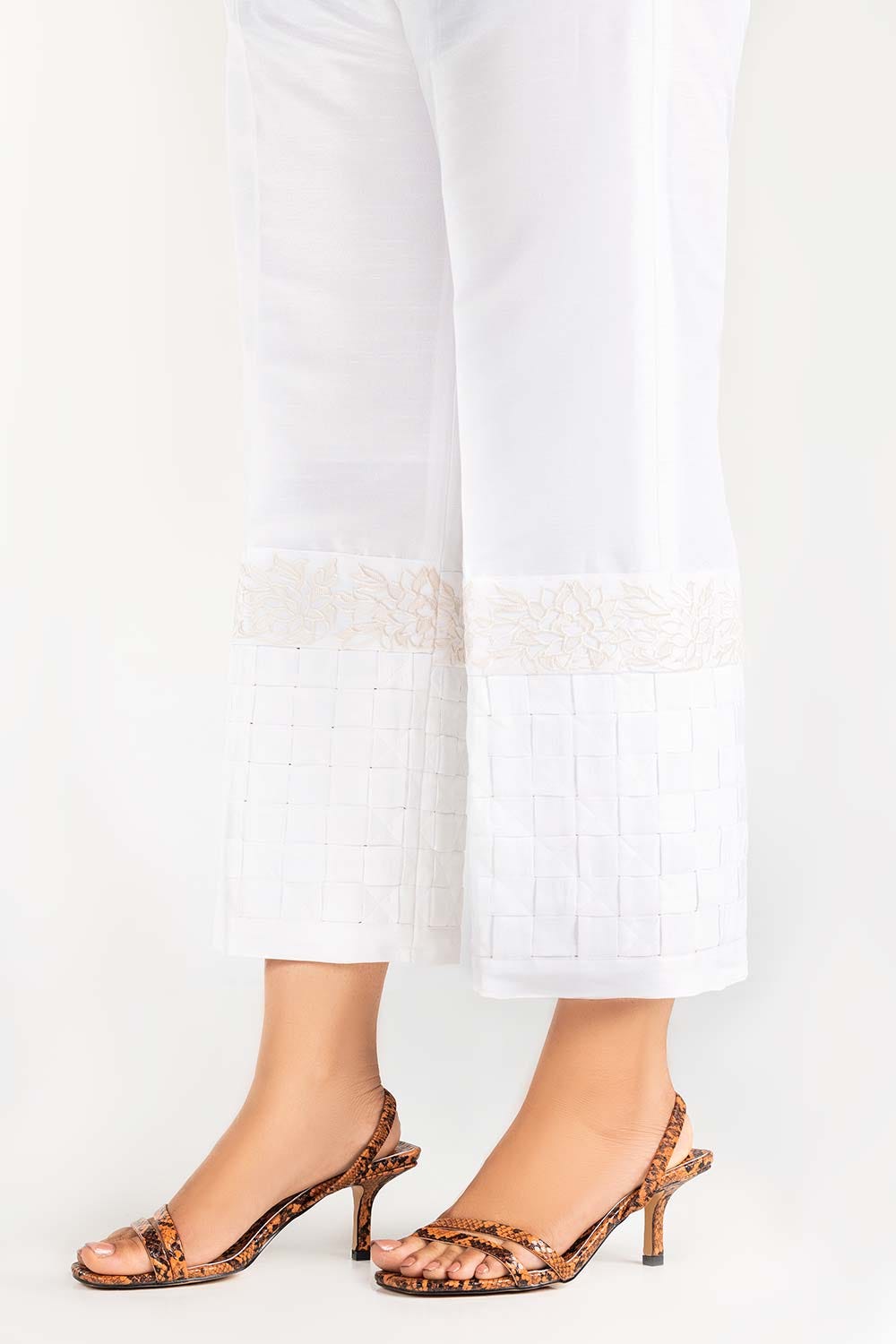 White Embroidered Raw Silk Trousers