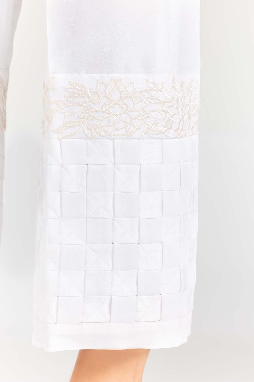 White Embroidered Raw Silk Trousers