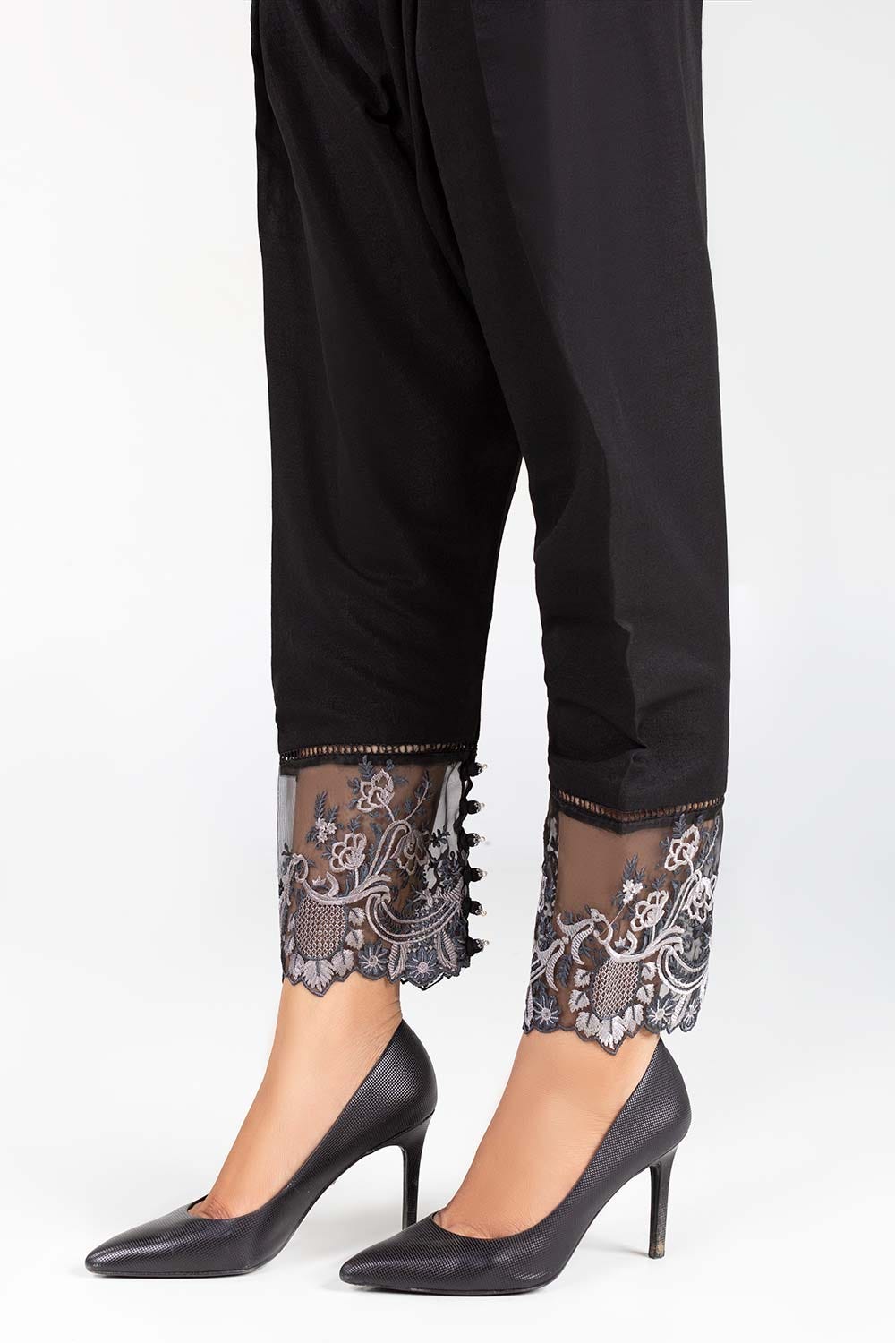 Black Embroidered Raw Silk Trousers