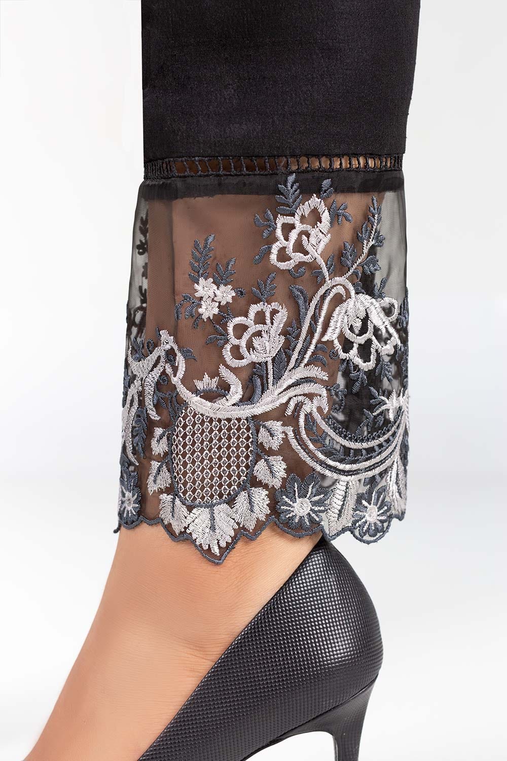 Black Embroidered Raw Silk Trousers