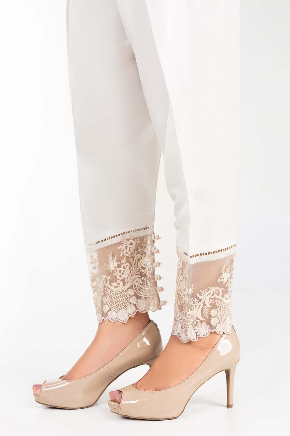 White Embroidered Raw Silk Trousers