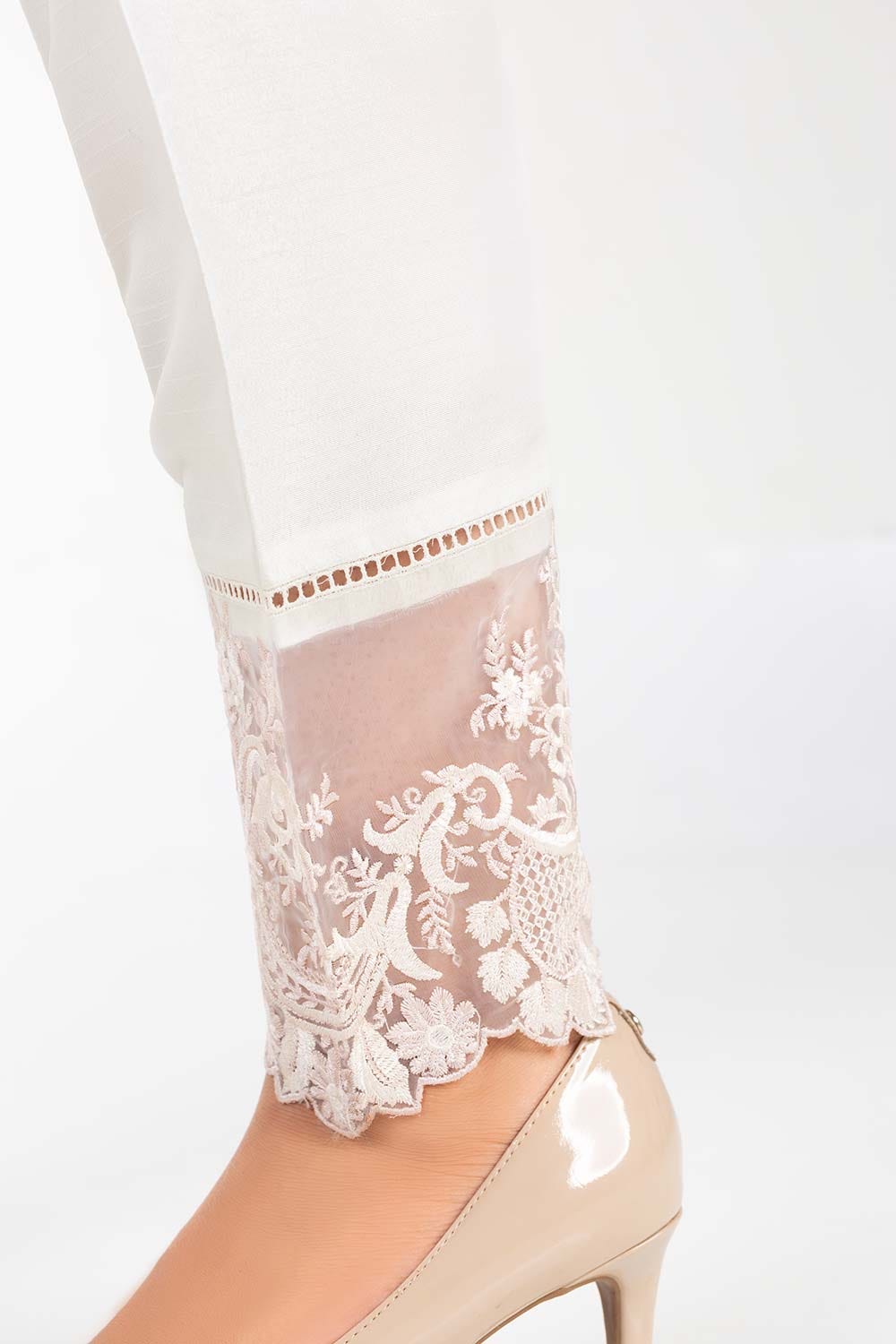 White Embroidered Raw Silk Trousers