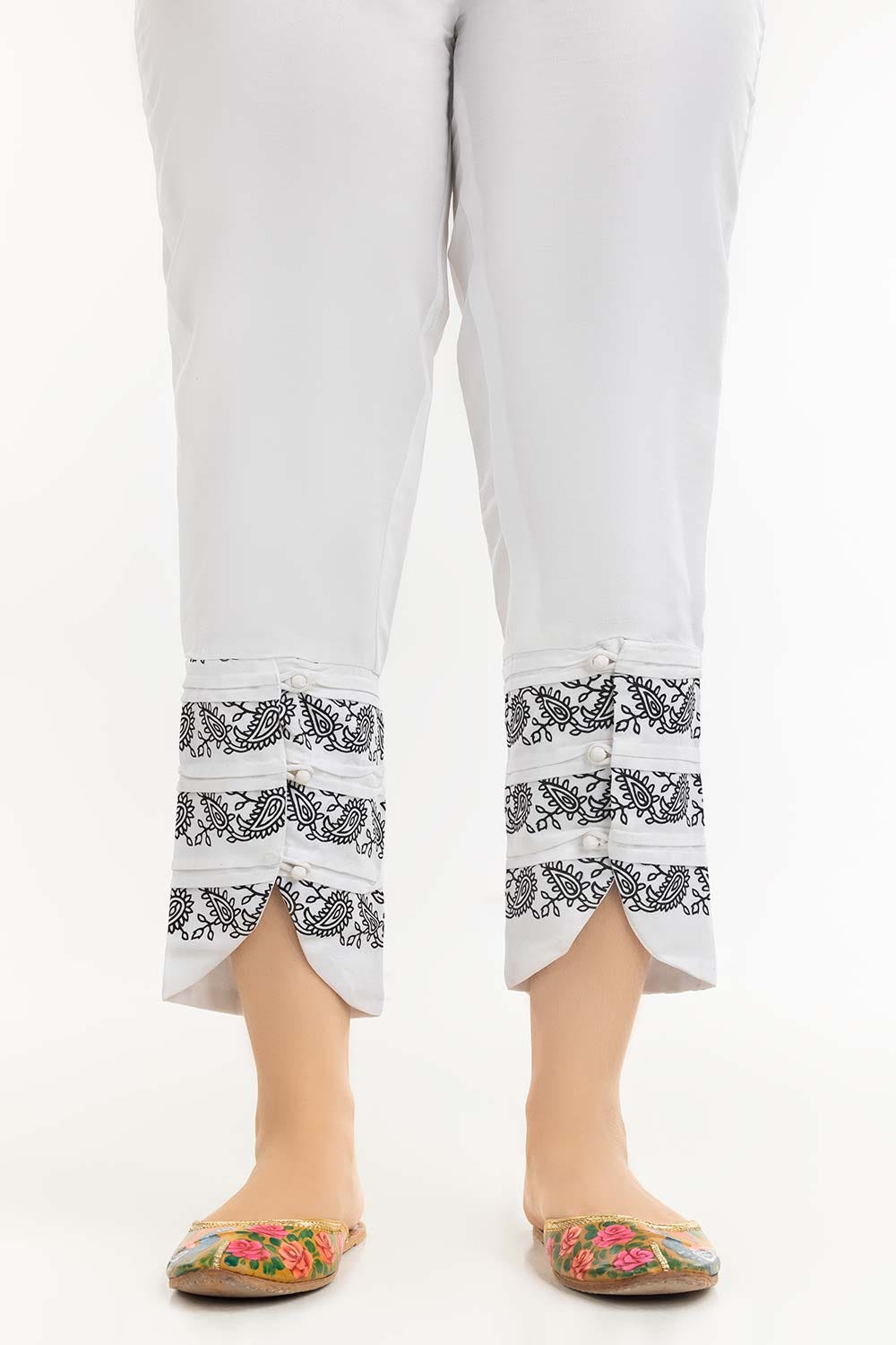 White Screen Printed Raw Silk Pants