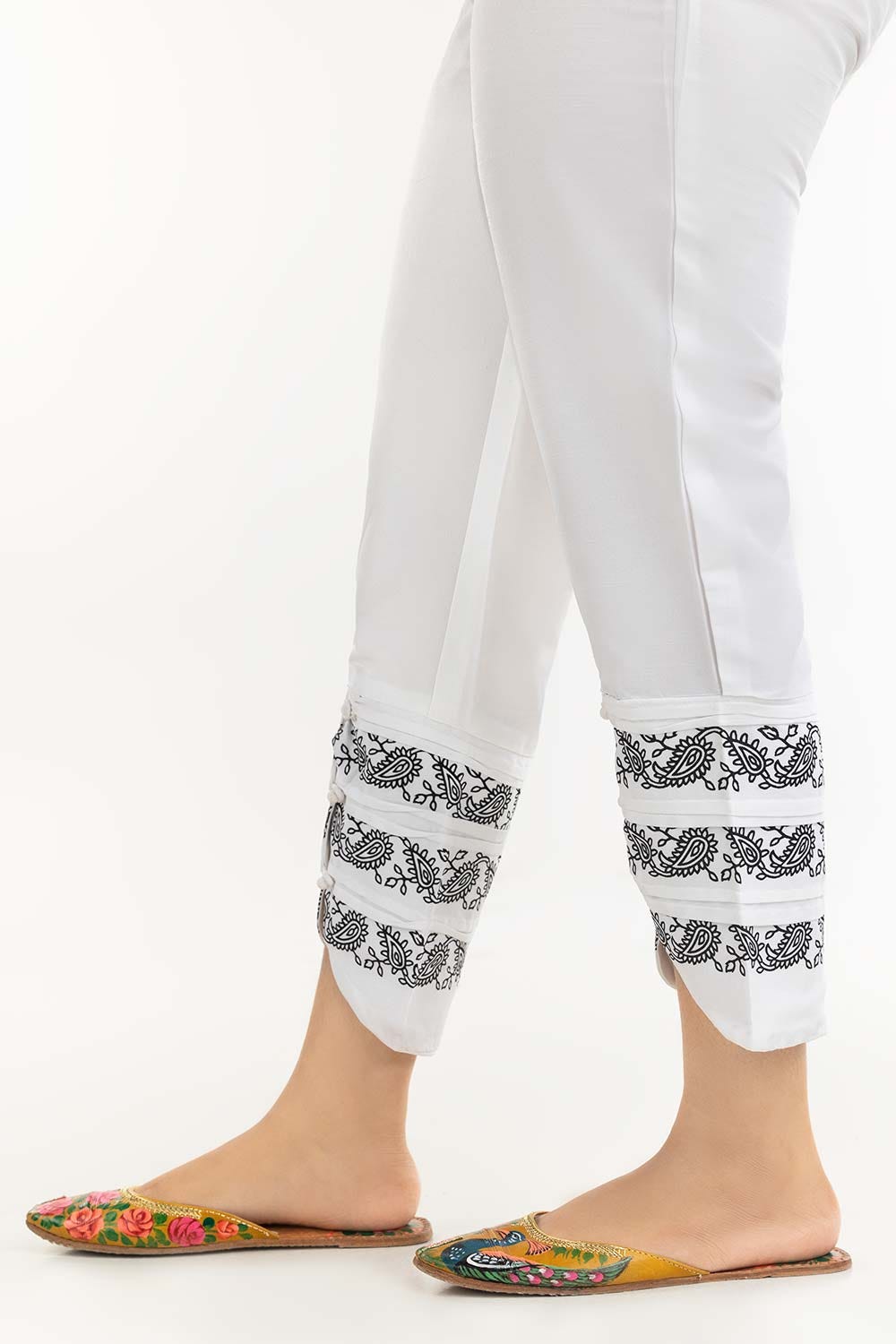 White Screen Printed Raw Silk Pants