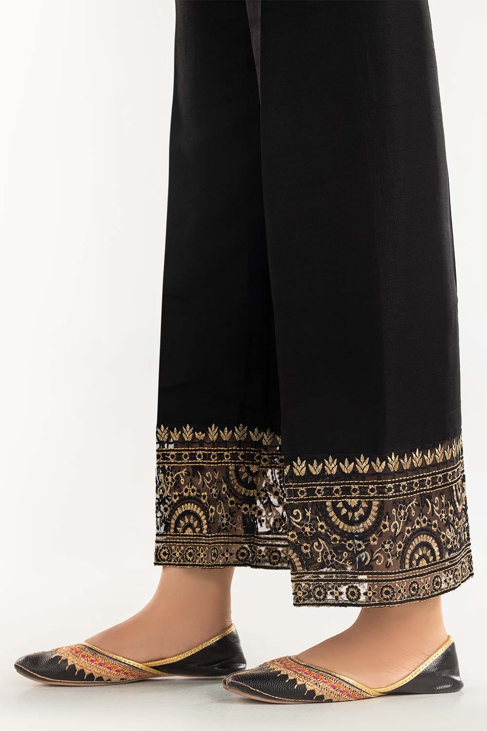 Black Embroidered Raw Silk Pants