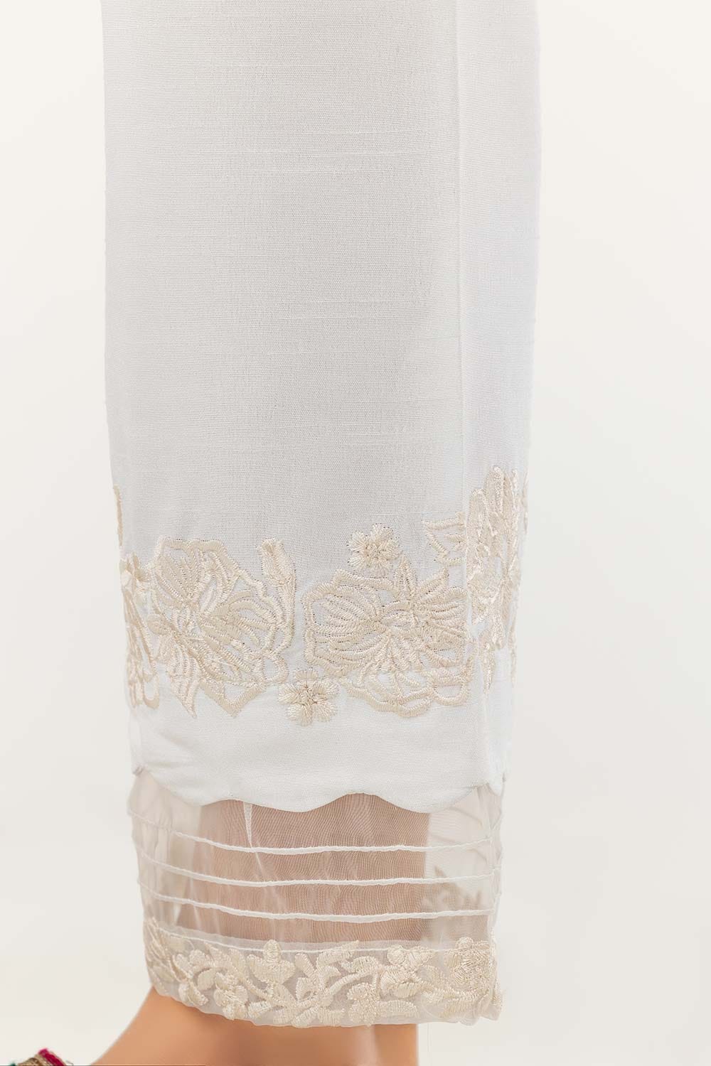White Embroidered Raw Silk Pants