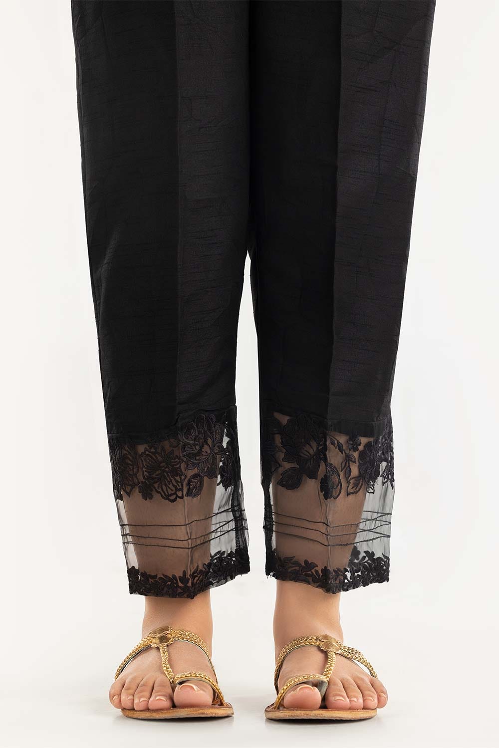 Black Embroidered Raw Silk Pants