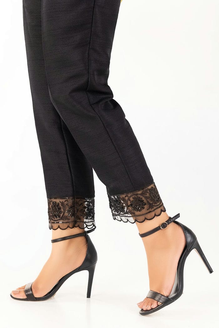 Black Embroidered Raw Silk Pants