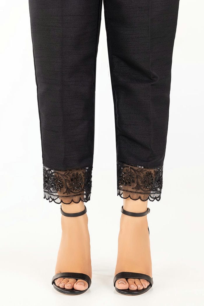 Black Embroidered Raw Silk Pants
