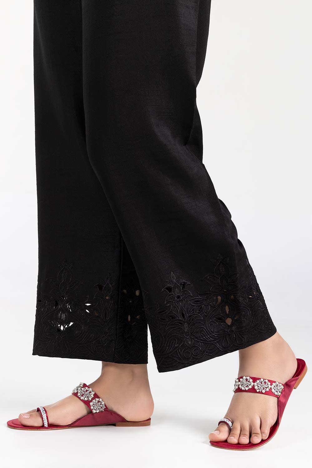 Black Embroidered Raw Silk Trouser
