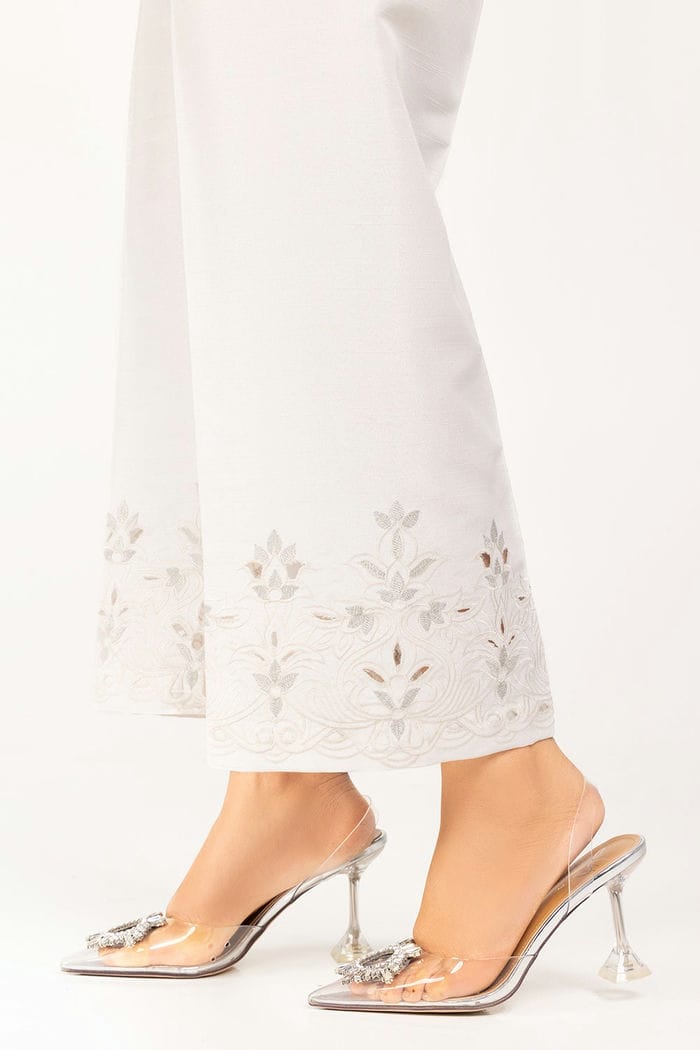 White Embroidered Raw Silk Trouser