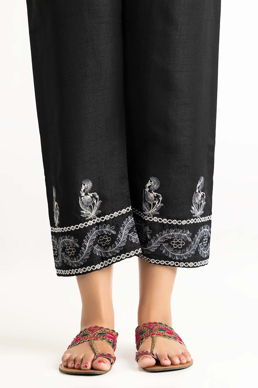 Black Raw Silk Embroidered Trousers