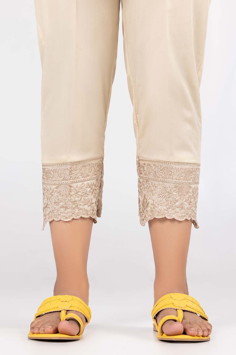 Beige Embroidered Cambric Trousers