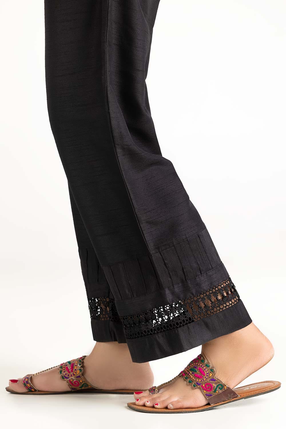 Black Raw Silk Embellished Trousers