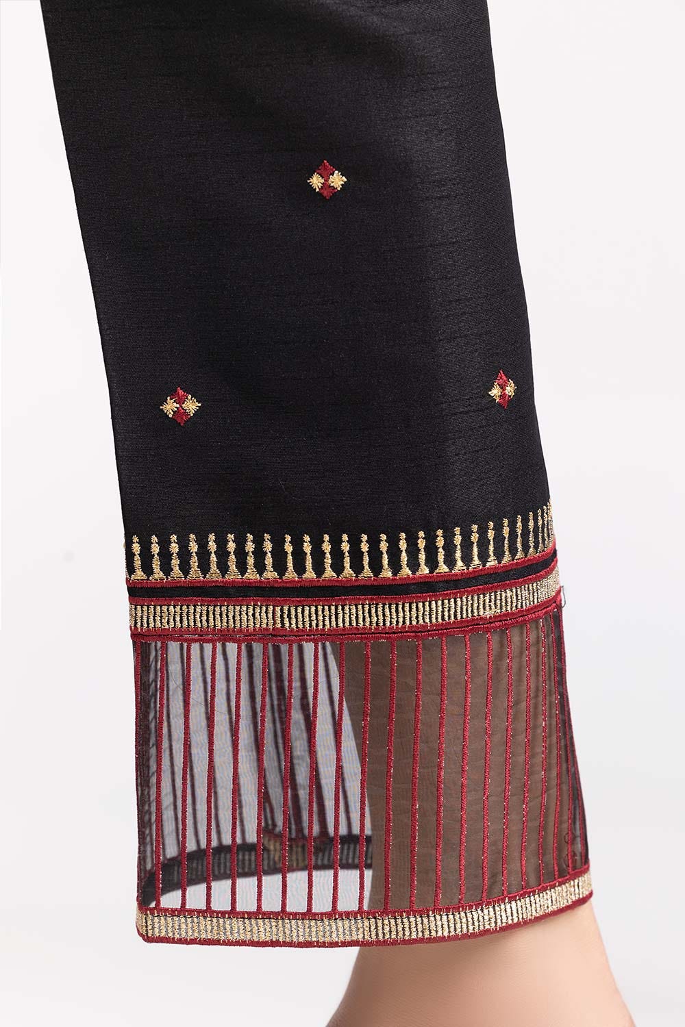 Black Embroidered Raw Silk Trousers