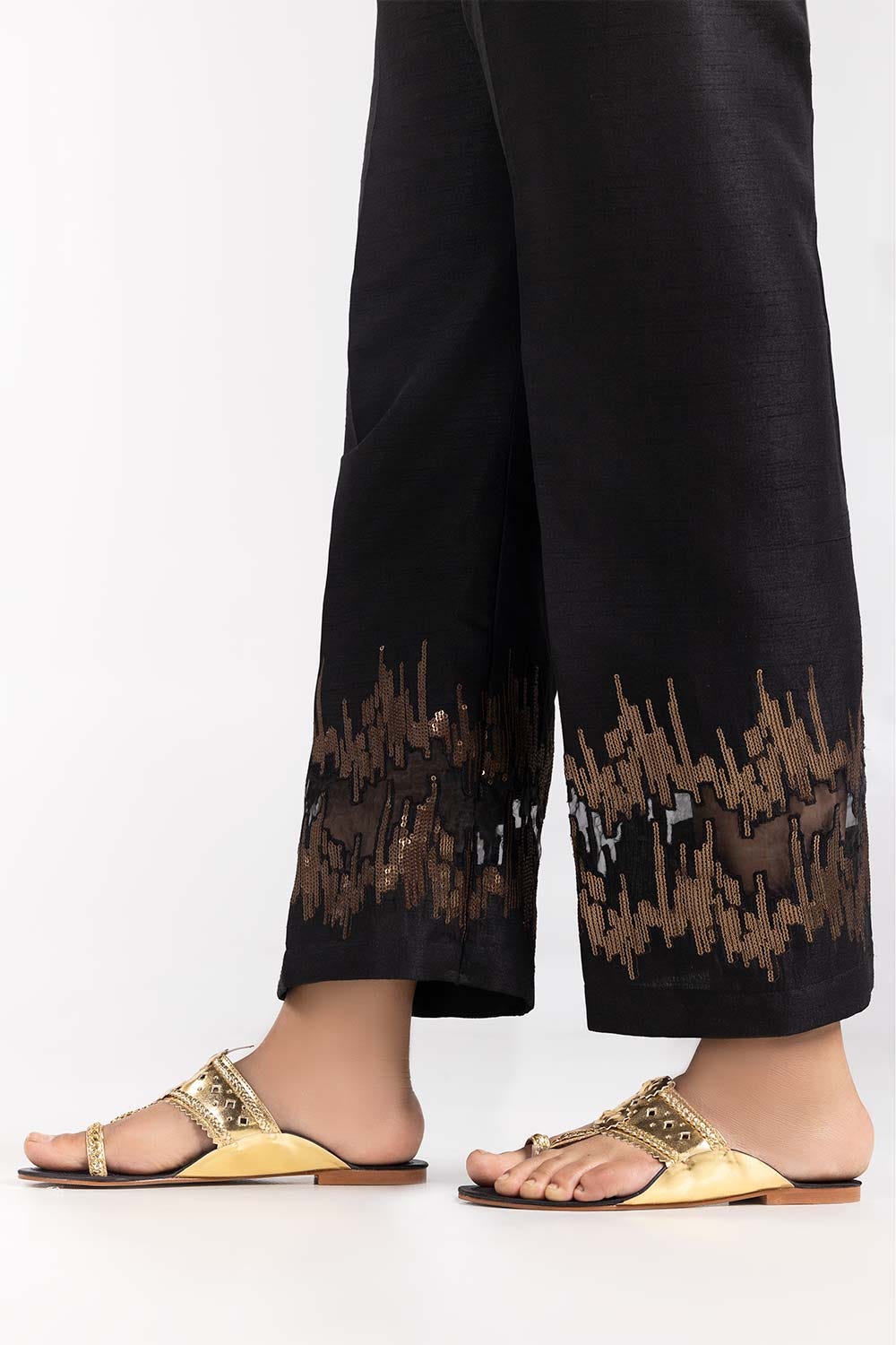 Black Embroidered Raw Silk Trousers