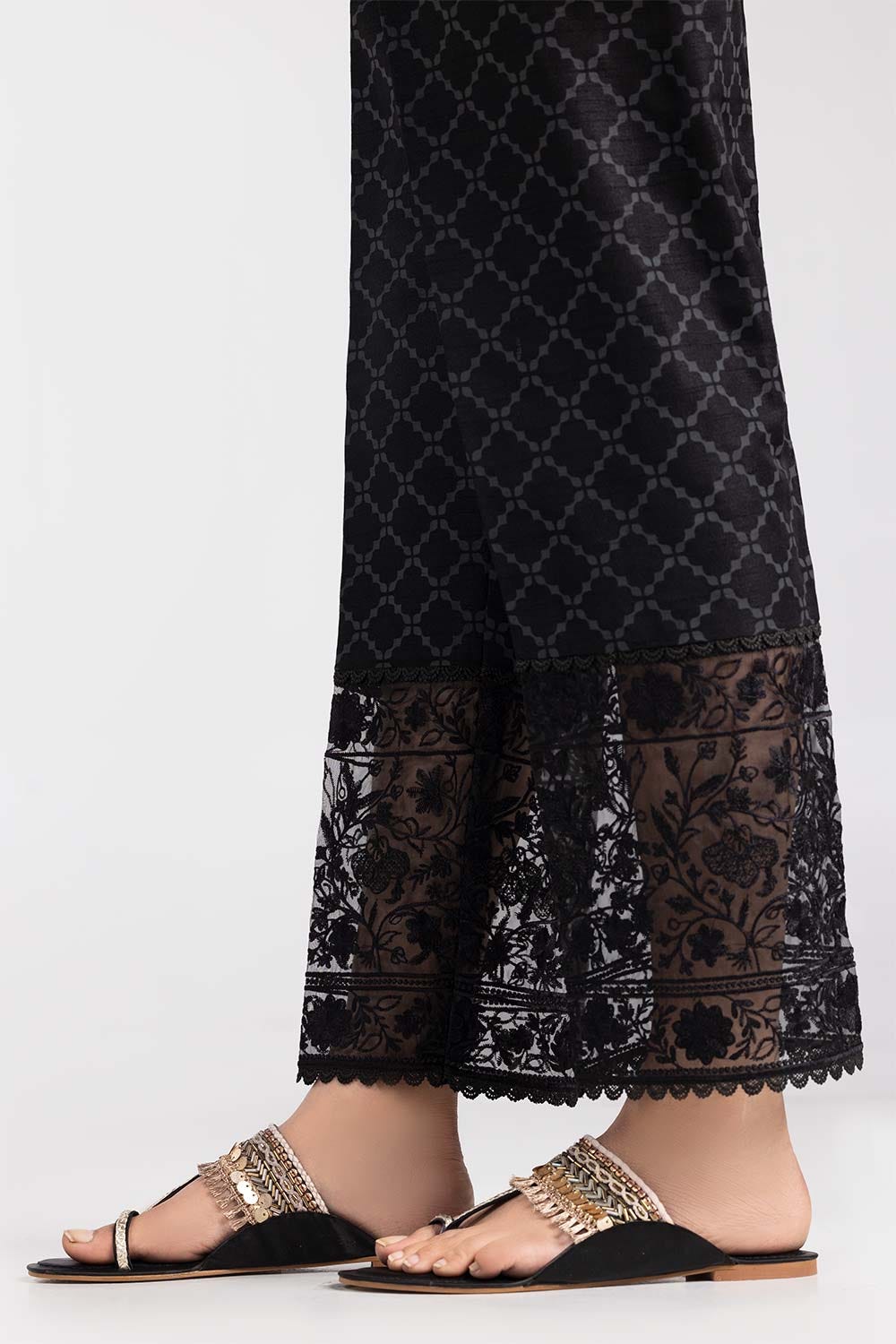 Black Embroidered Raw Silk Trousers