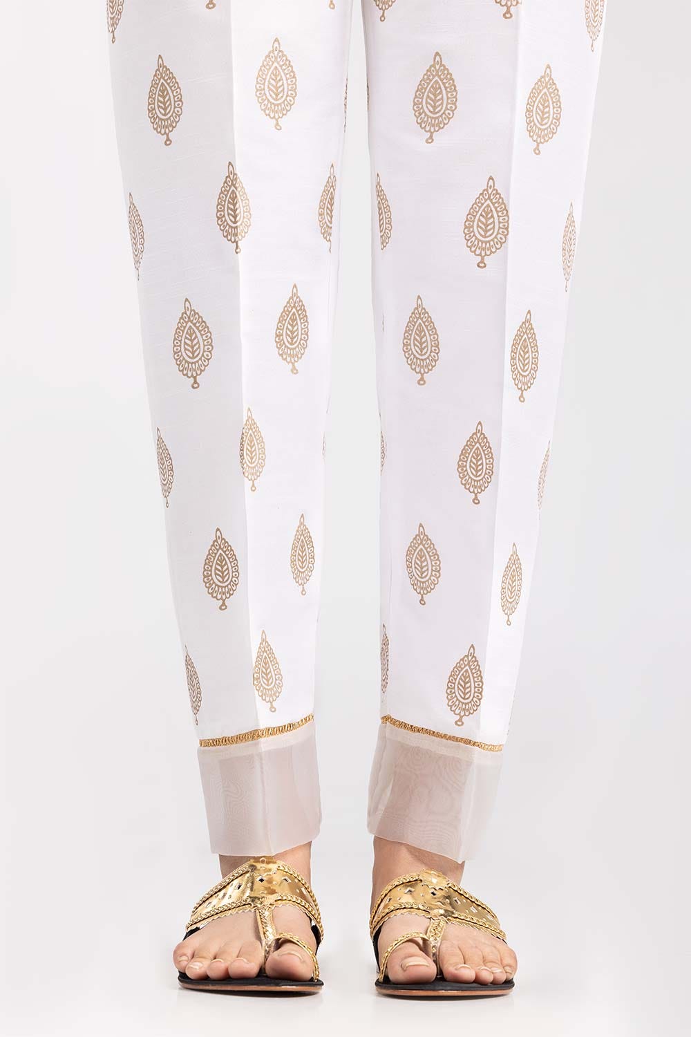 White Screen Printed Raw Silk Trousers