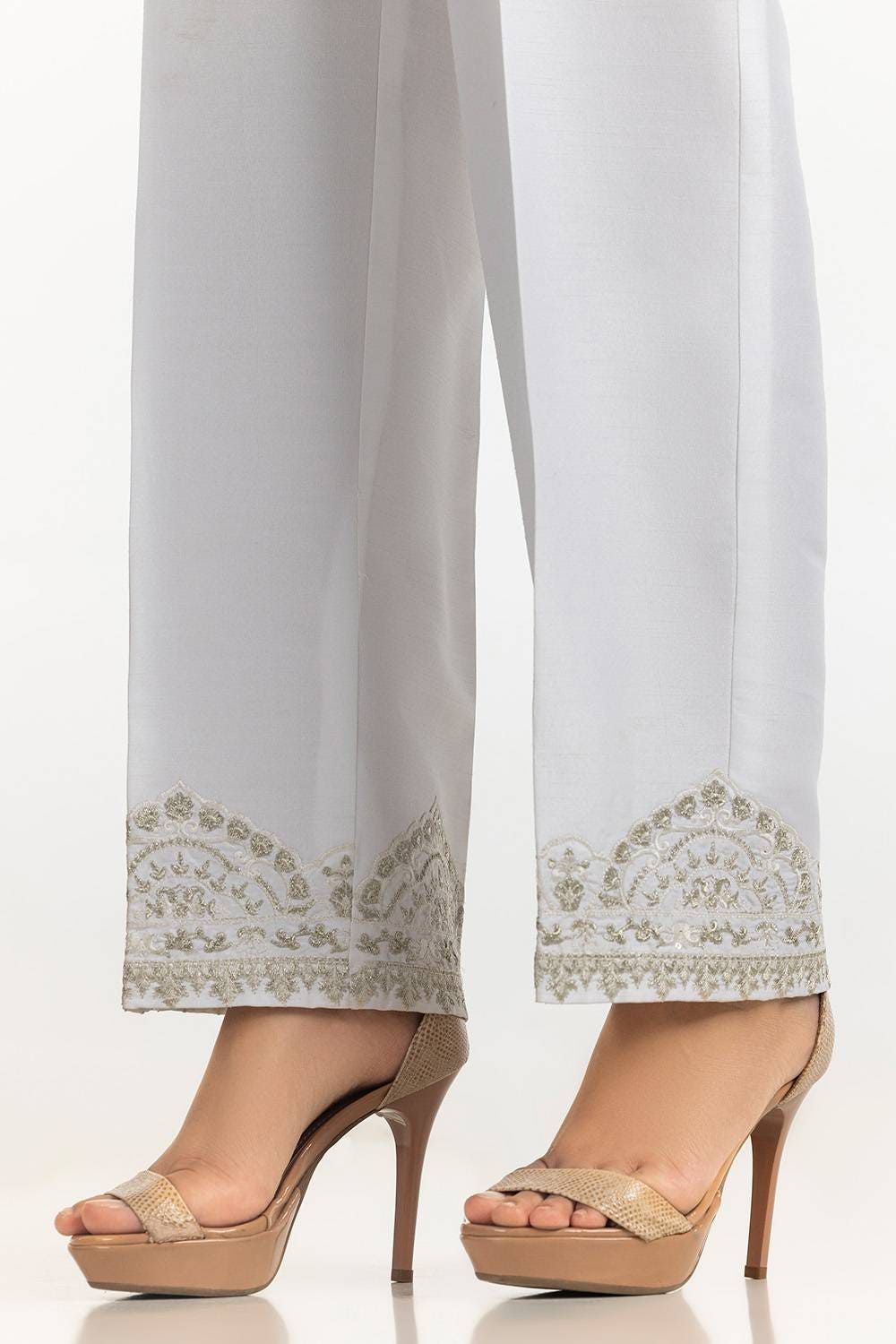 White Raw Silk Embroidered Trousers