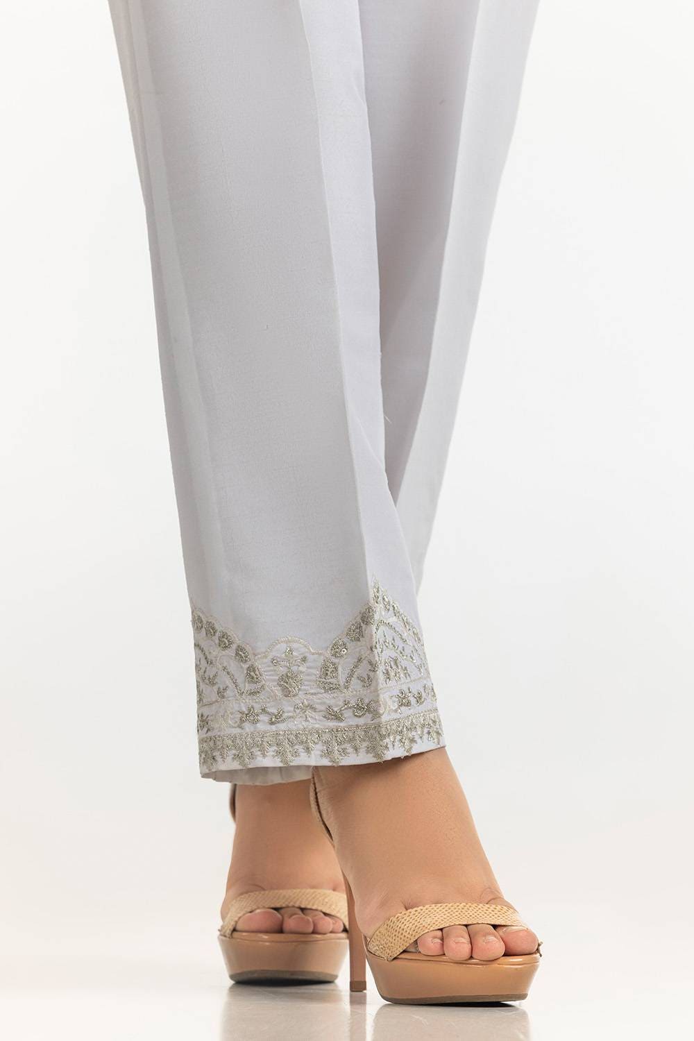 White Raw Silk Embroidered Trousers