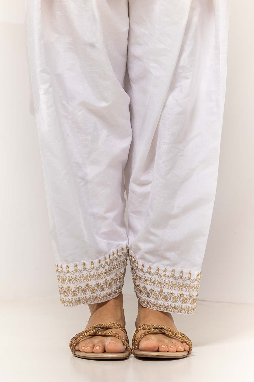 White Dyed Embroidered Rawsilk Shalwar