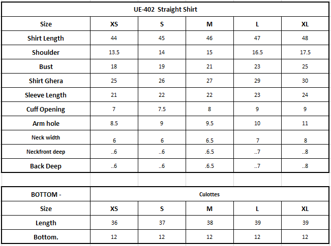 Size Chart (inches)