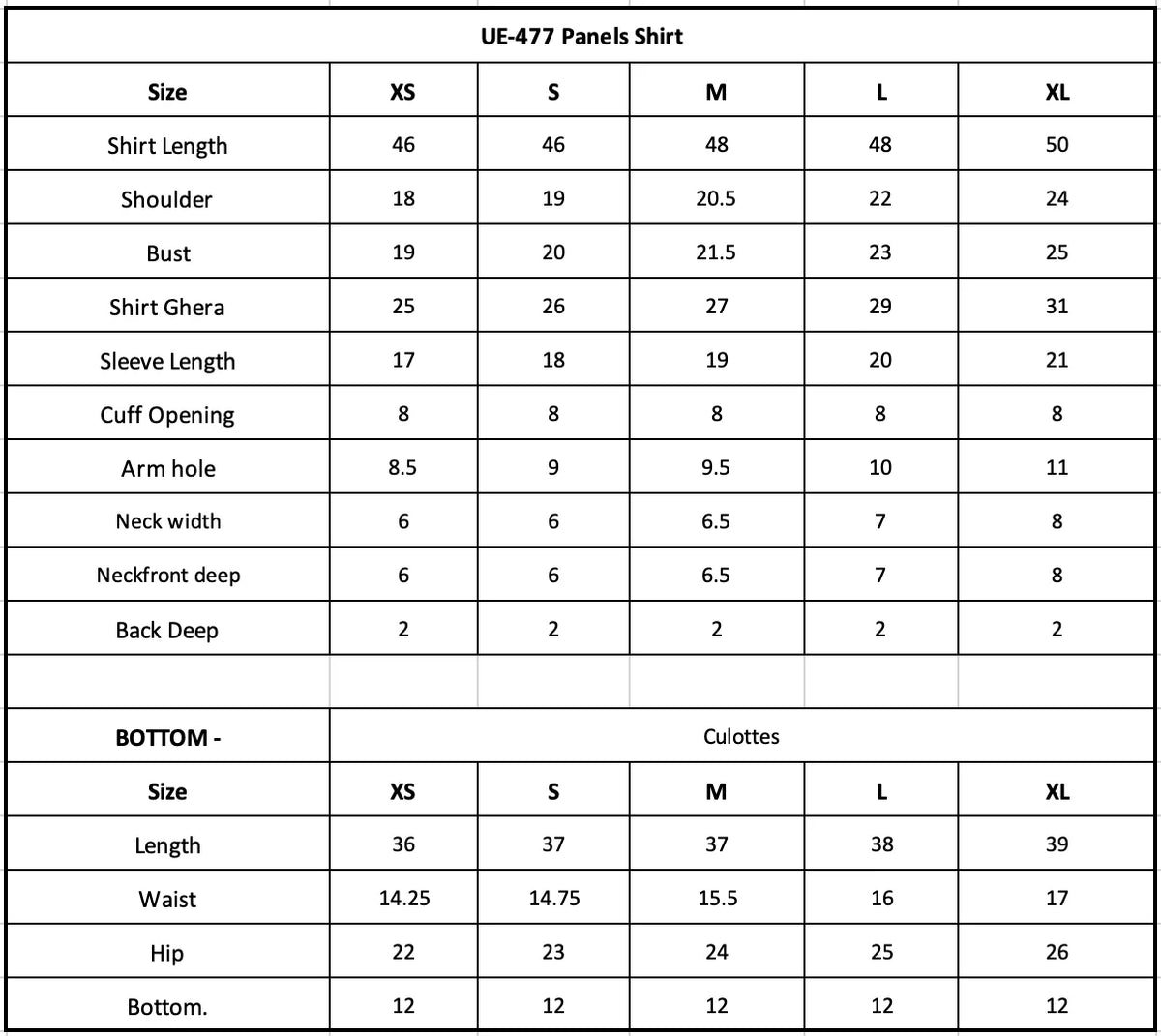 Size Chart (inches)