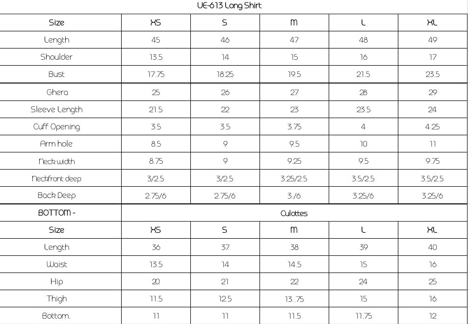 Size Chart (inches)