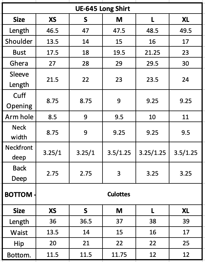 Size Chart (inches)