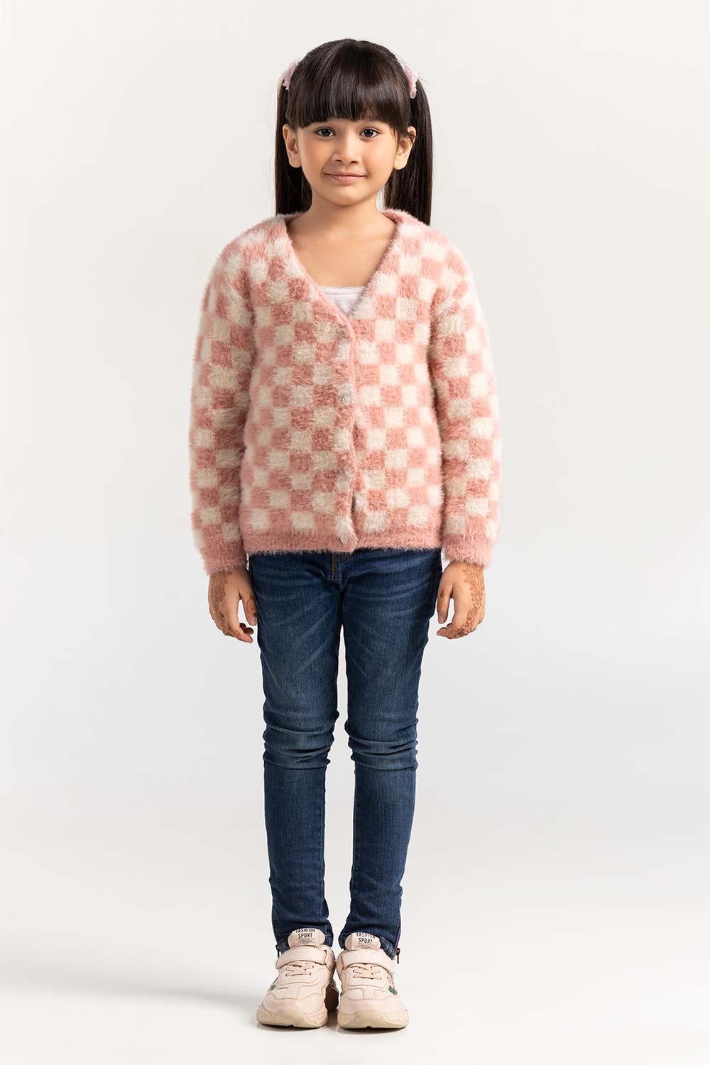Pink-Off-White Feather Yarn Button Down Sweater Swk-Fw21-105