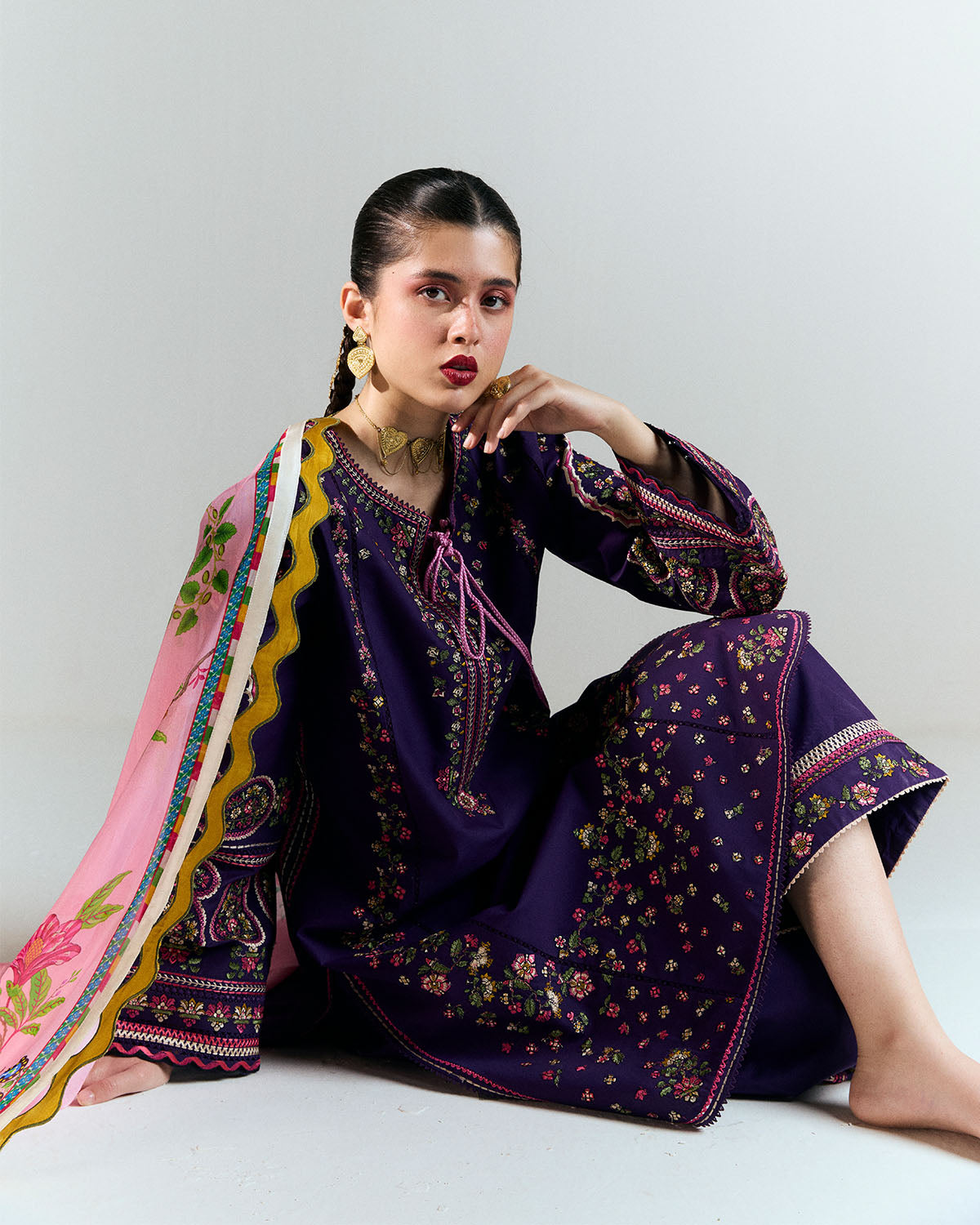 3 Piece Embroidered Twill Linen Suit