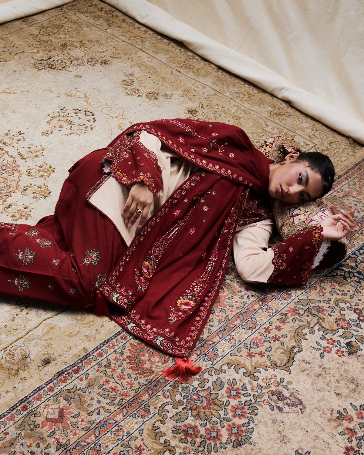 3 Piece Embroidered Raw Silk Suit