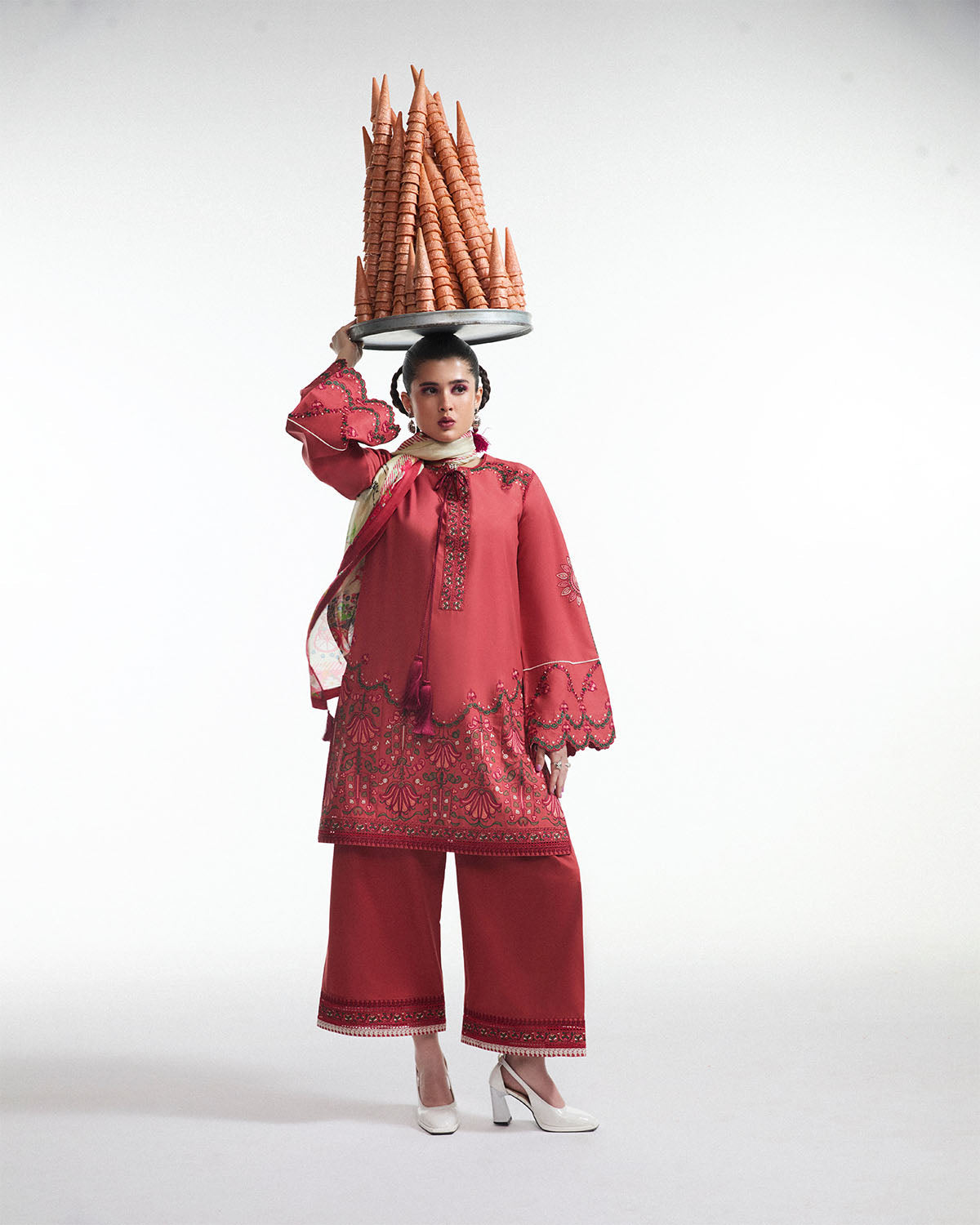 3 Piece Embroidered Raw Silk Suit