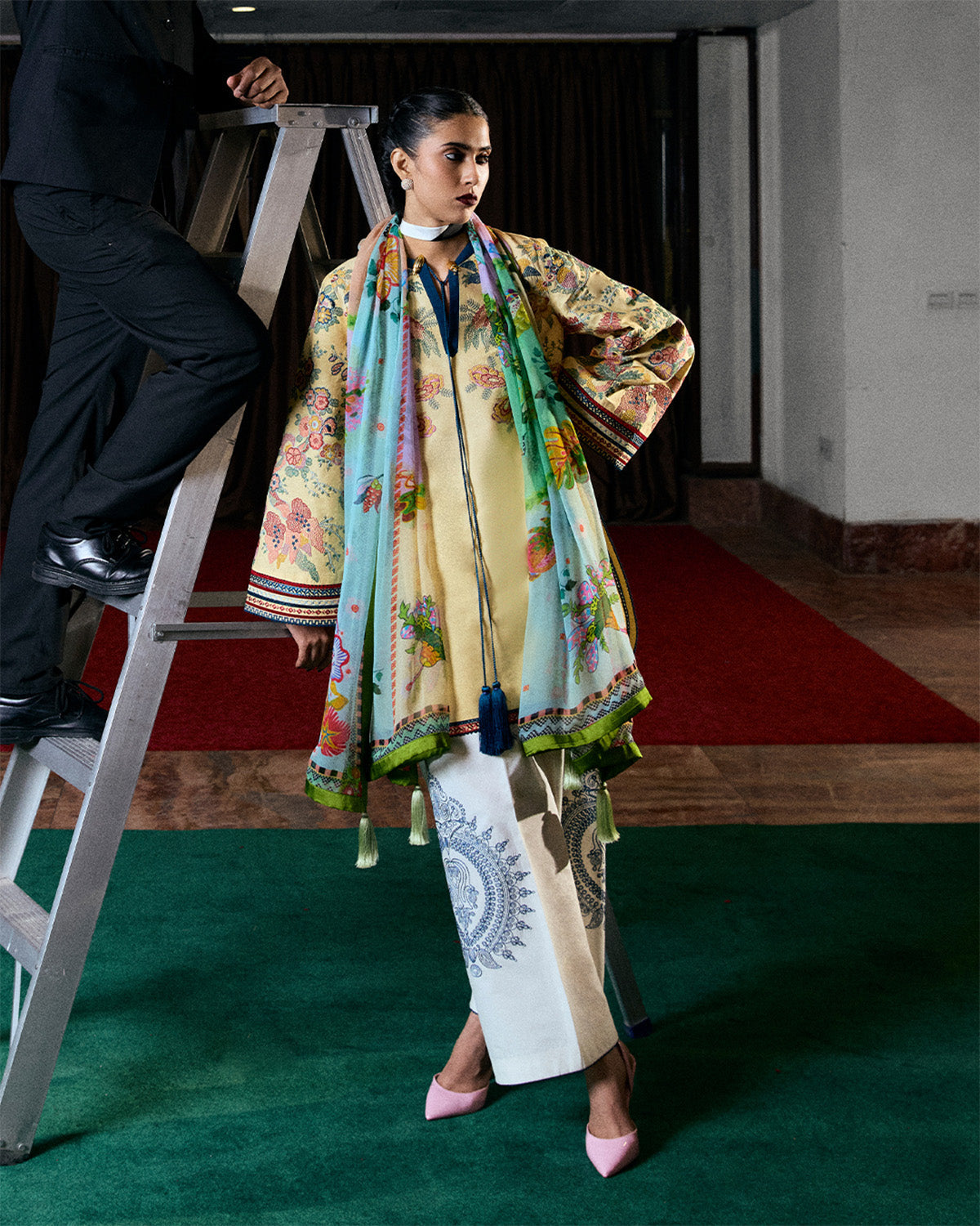 3 Piece Embroidered Raw Silk Suit