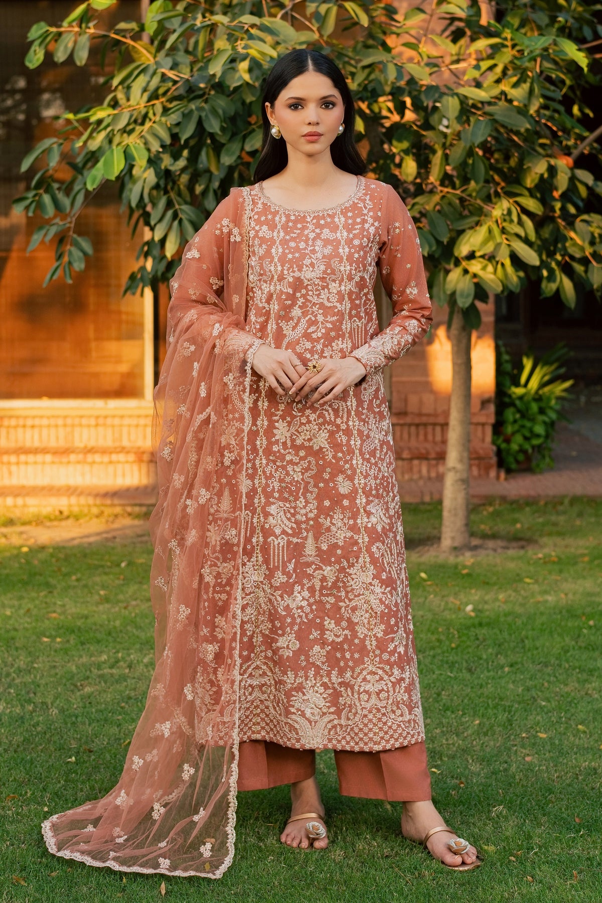 Peach Rhea 3Pc - Embroidered Karandi Pret