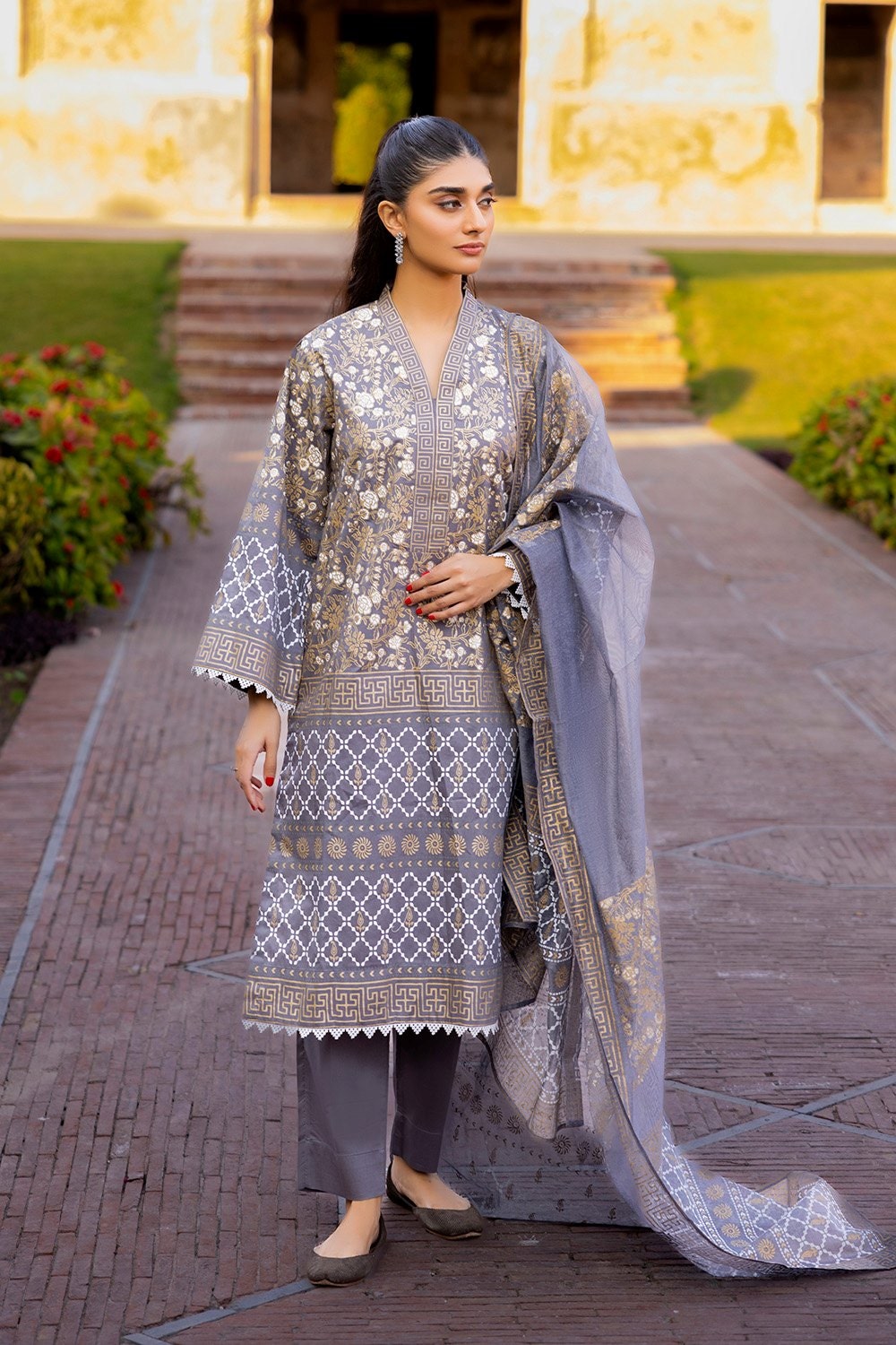 3 Piece Corduroy Block Printed Suit