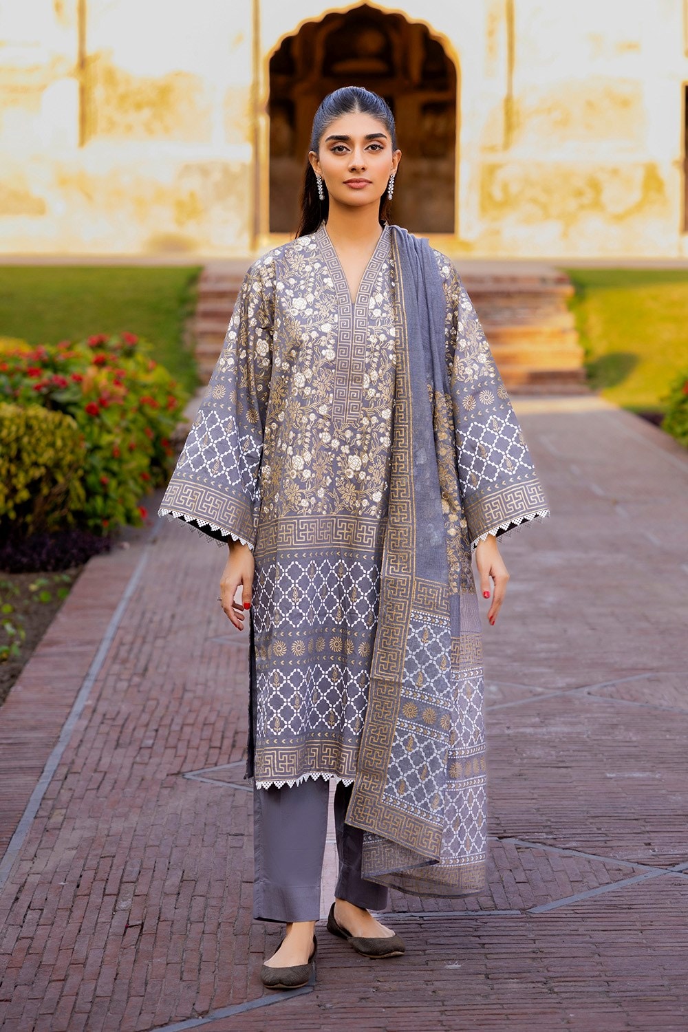 3 Piece Corduroy Block Printed Suit