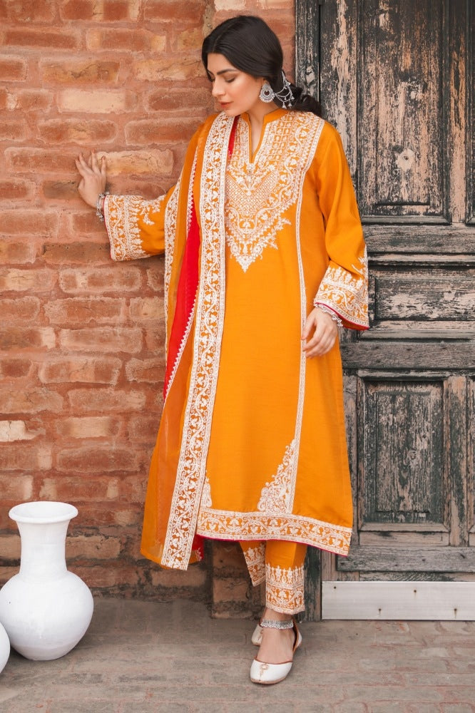 Raw Silk Embroidered Shirt And Trouser With Organza Dupatta