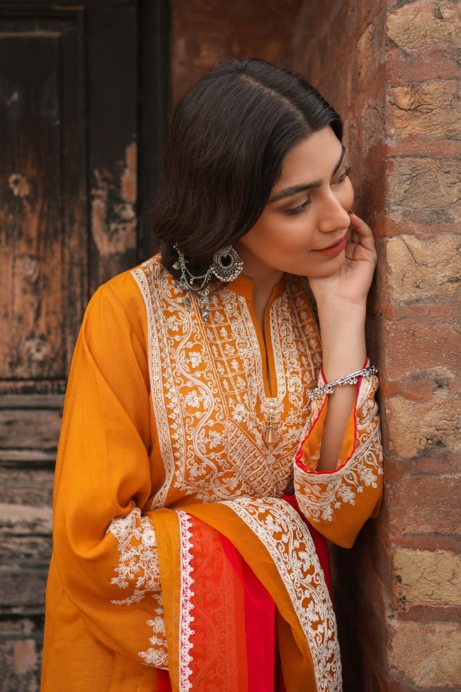 Raw Silk Embroidered Shirt And Trouser With Organza Dupatta
