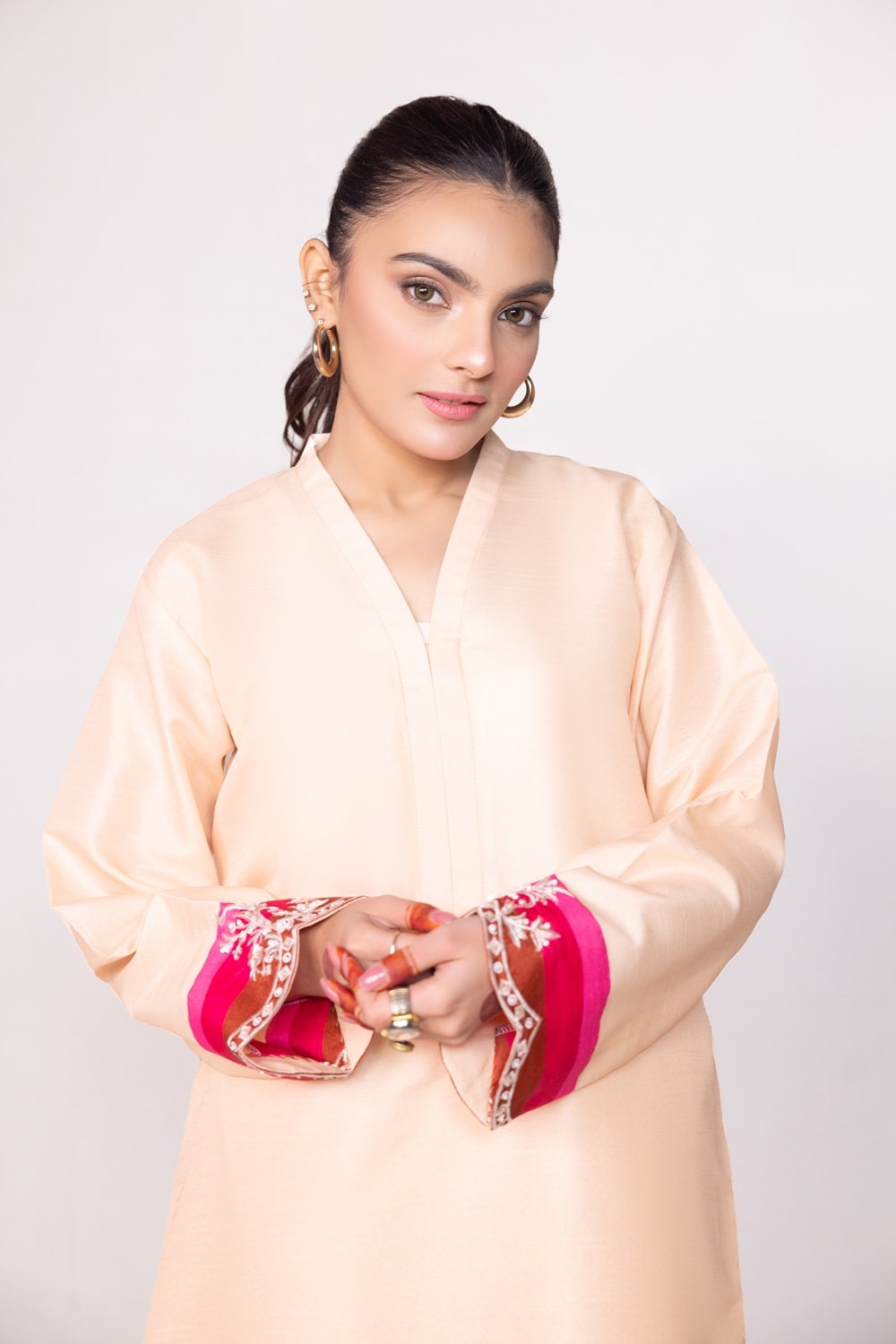 Needle Craft Raw-Silk Printed Embroidered Shirt