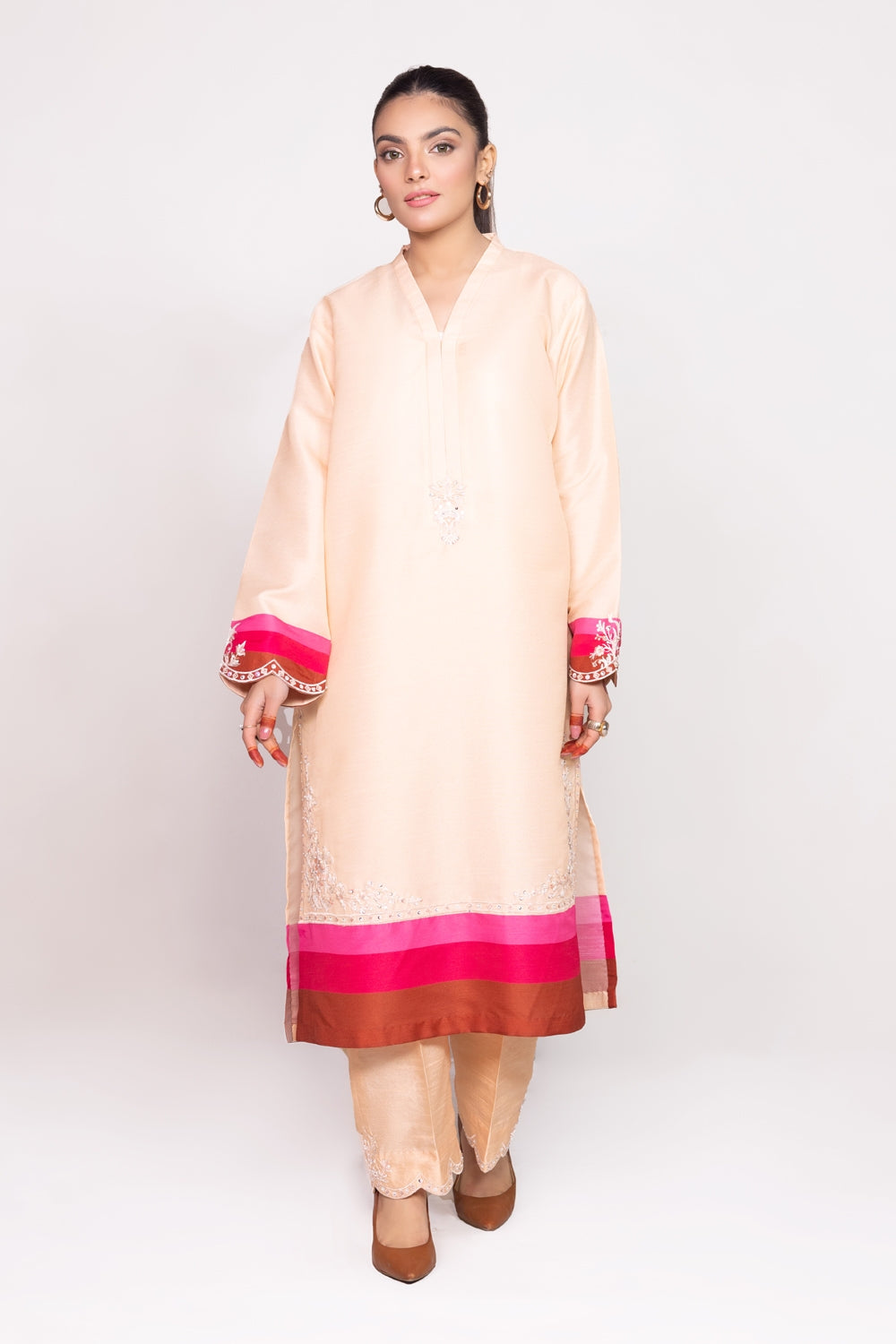 Needle Craft Raw-Silk Printed Embroidered Shirt