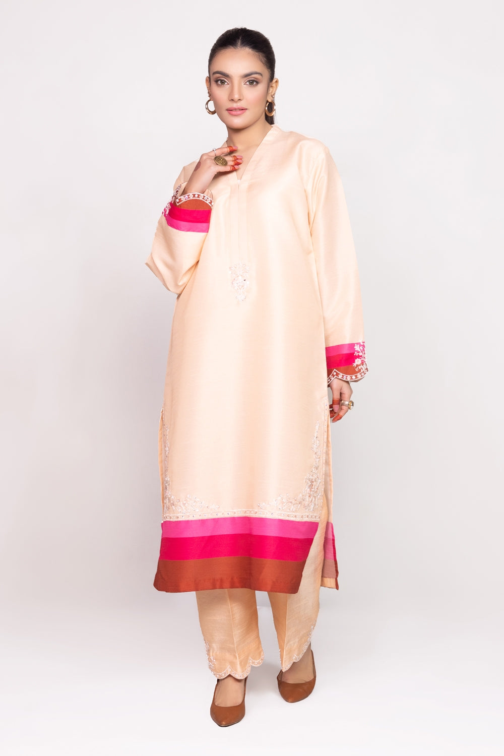 Needle Craft Raw-Silk Printed Embroidered Shirt