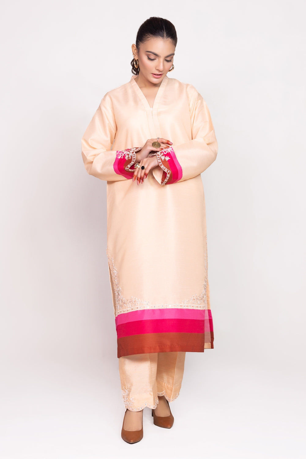 Needle Craft Raw-Silk Printed Embroidered Shirt