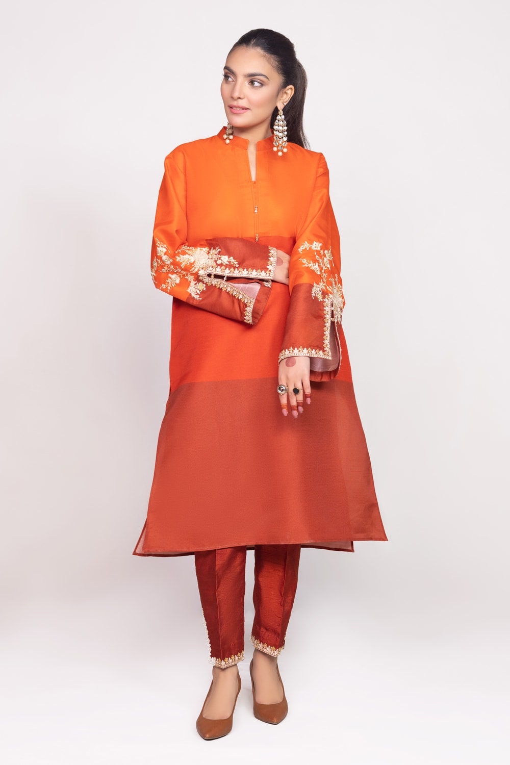 Needle Craft Raw-Silk Printed Embroidered Shirt