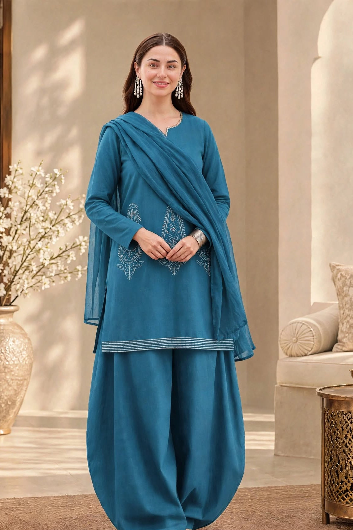 ZINC CHERRY- Plain Viscose Embroidered 3-Piece Suit for women